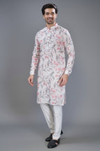 Cream Cotton Linen Floral Printed Kurta Pajama - cream cotton saree