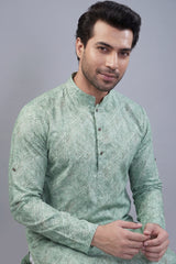 Light Green Cotton Linen Printed Kurta Pajam - green cotton saree
