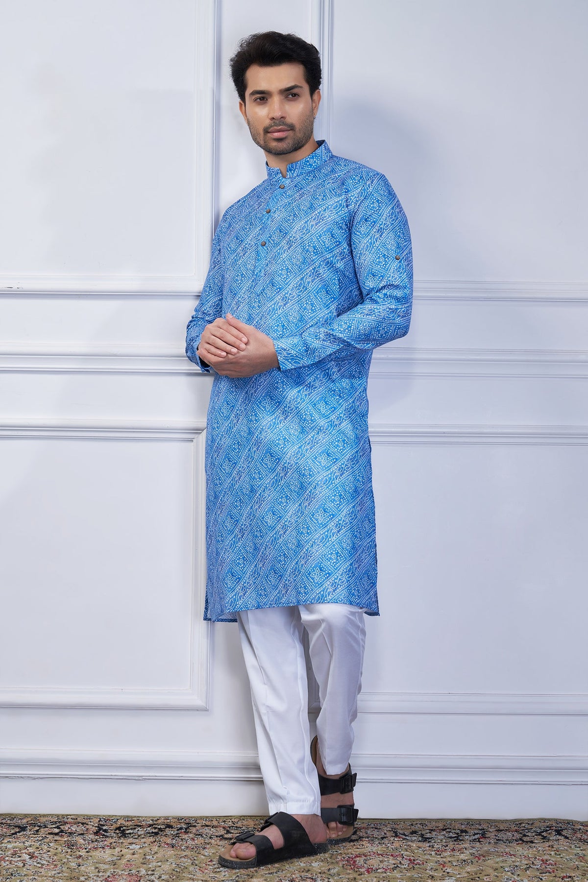 Sky Blue Cotton Linen Printed Kurta Pajama