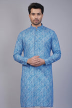 Sky Blue Cotton Linen Printed Kurta Pajama - blue cotton saree