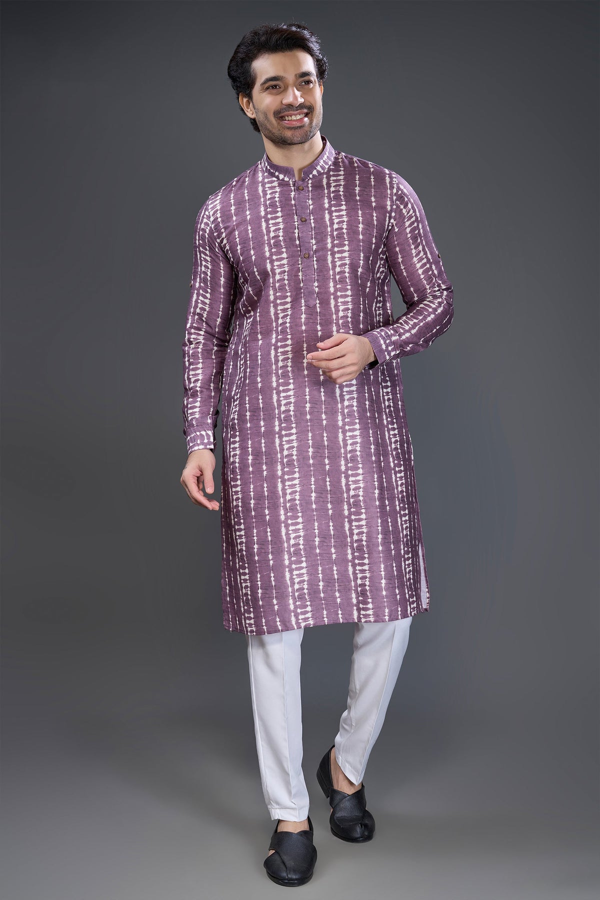 Mauve Cotton Linen Printed Kurta Pajama