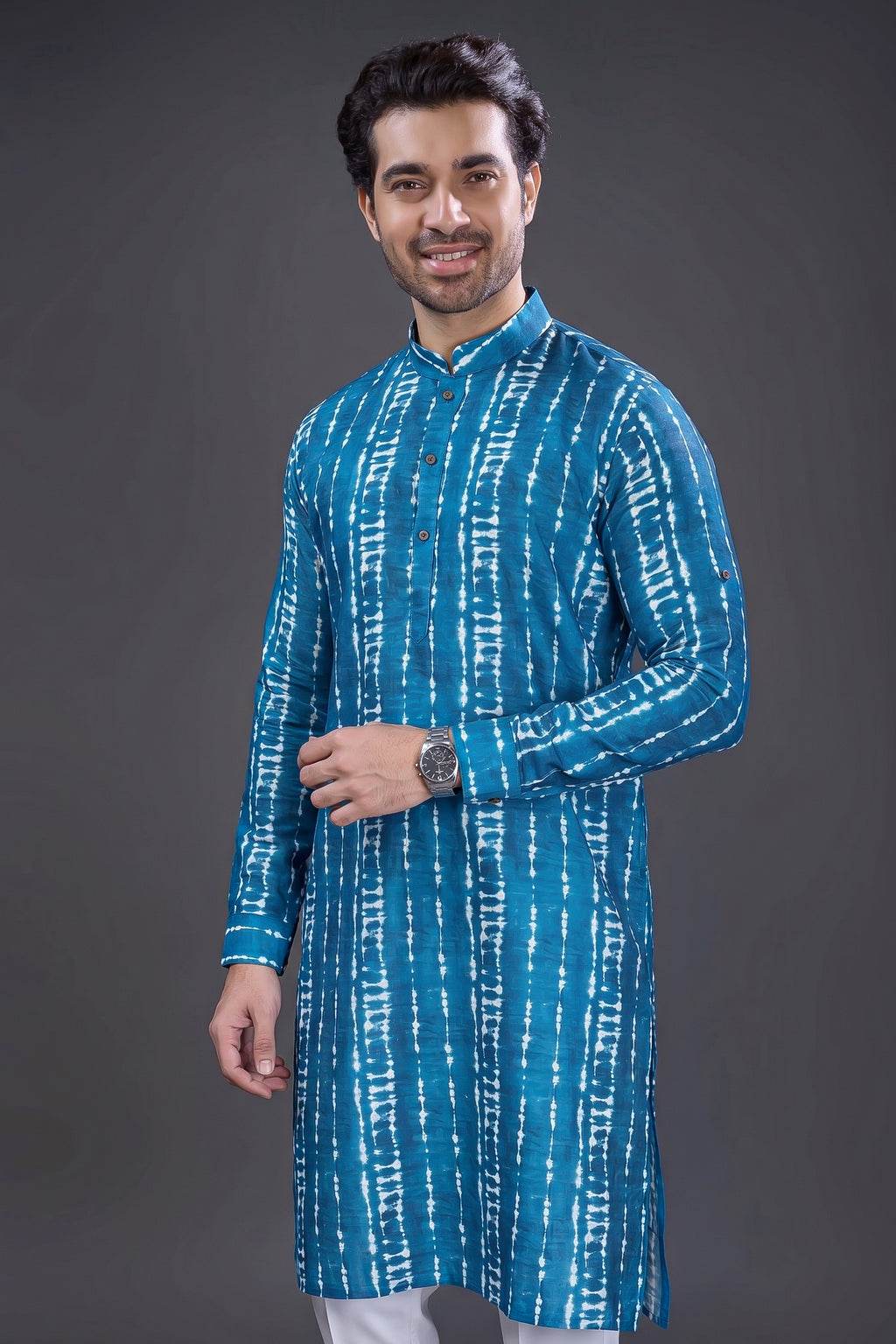 Rama Blue Cotton Linen Printed Kurta Pajama - blue cotton saree