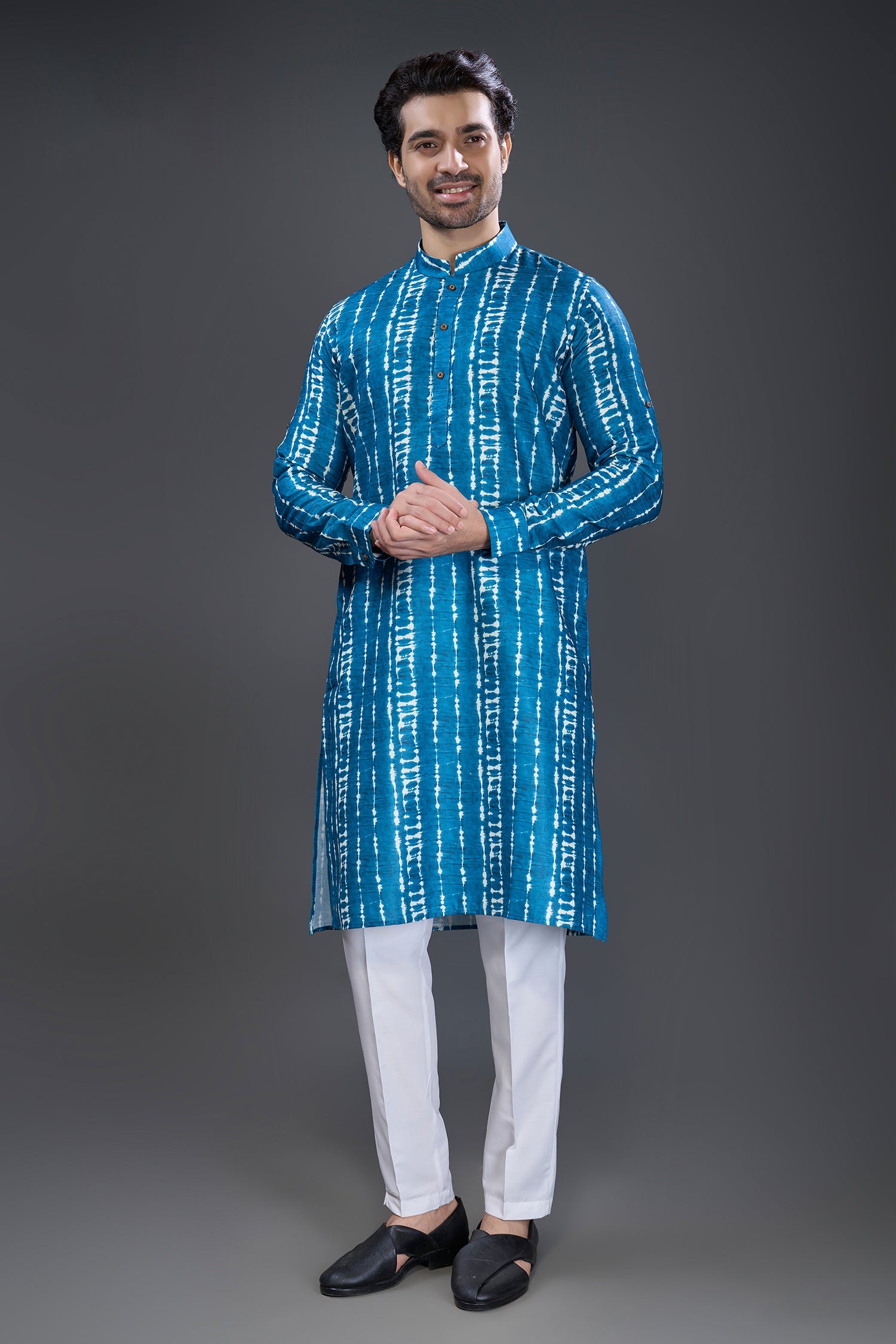 Rama Blue Cotton Linen Printed Kurta Pajama - blue cotton saree