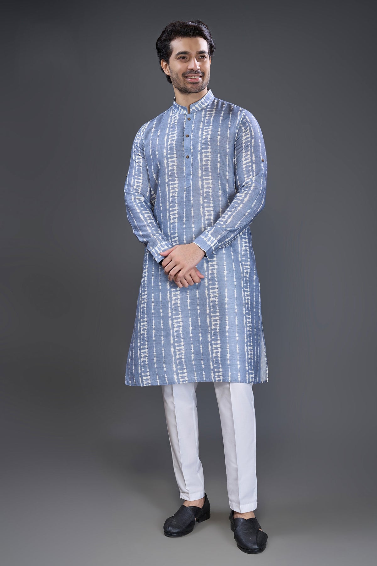 Light Blue Cotton Linen Printed Kurta Pajama