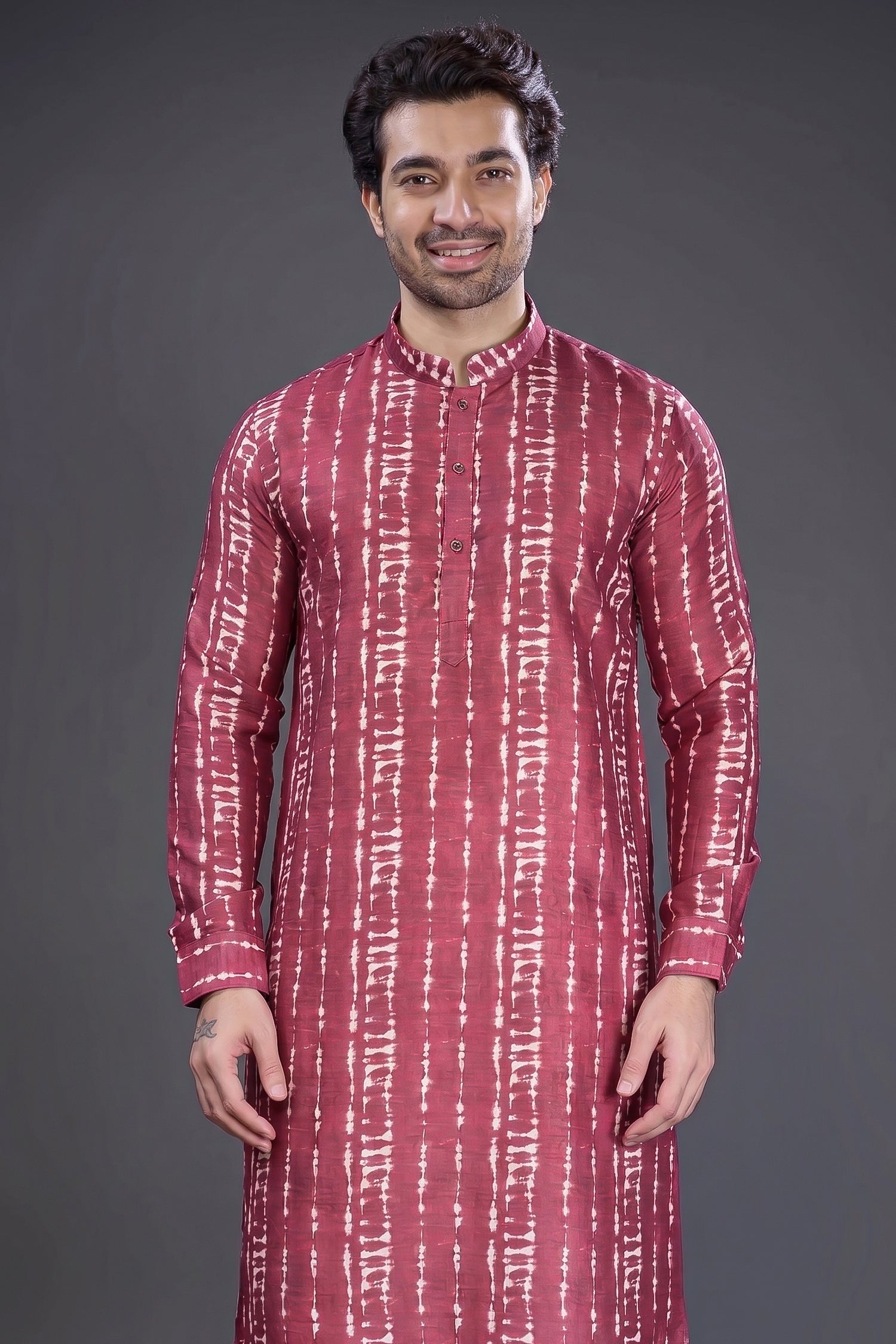 Maroon Cotton linen Printed Kurta Pajama Secondary image