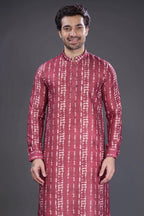 Maroon Cotton linen Printed Kurta Pajama - maroon cotton saree
