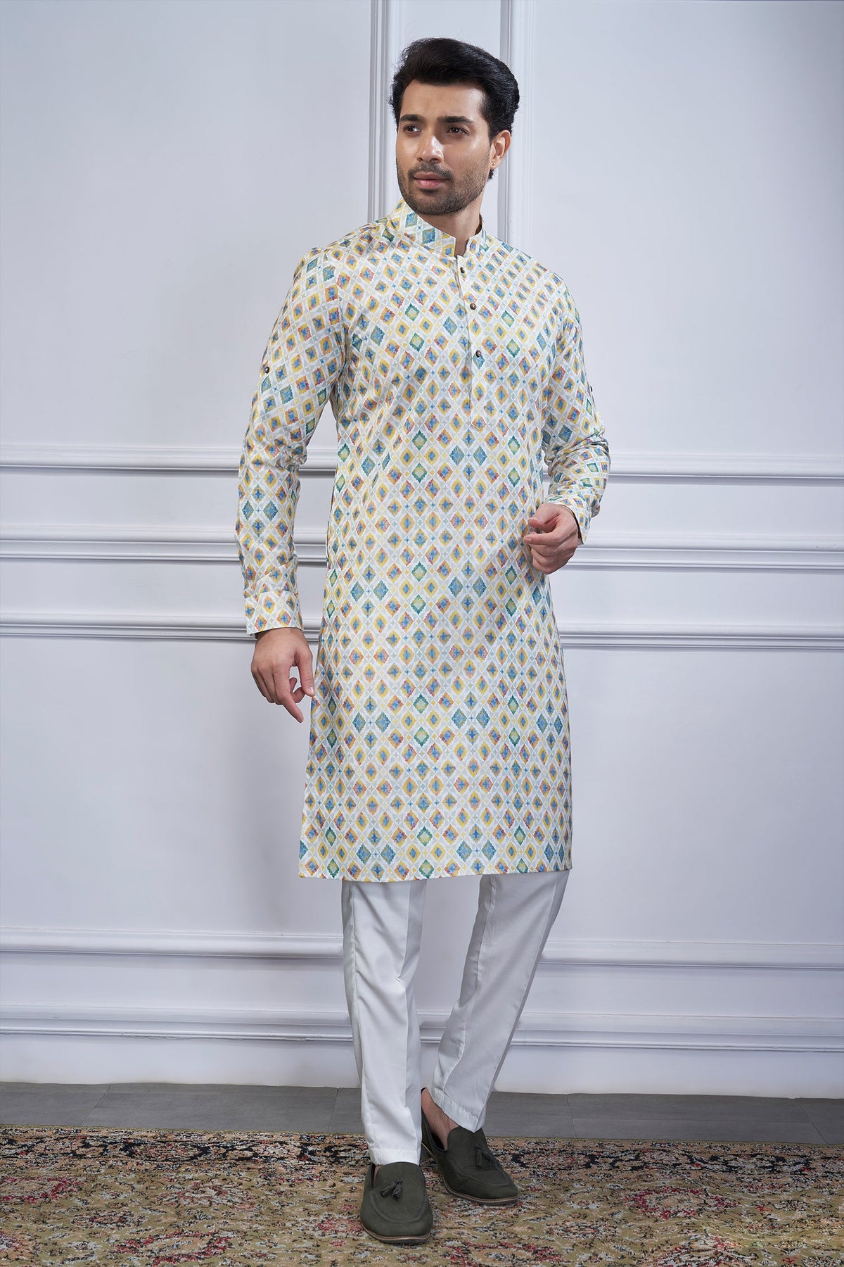 Yellow Cotton Linen Checks Printed Kurta Pajama