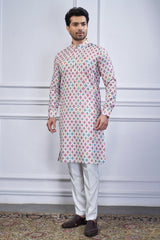 Pink Cotton Linen Checks Printed Kurta Pajama