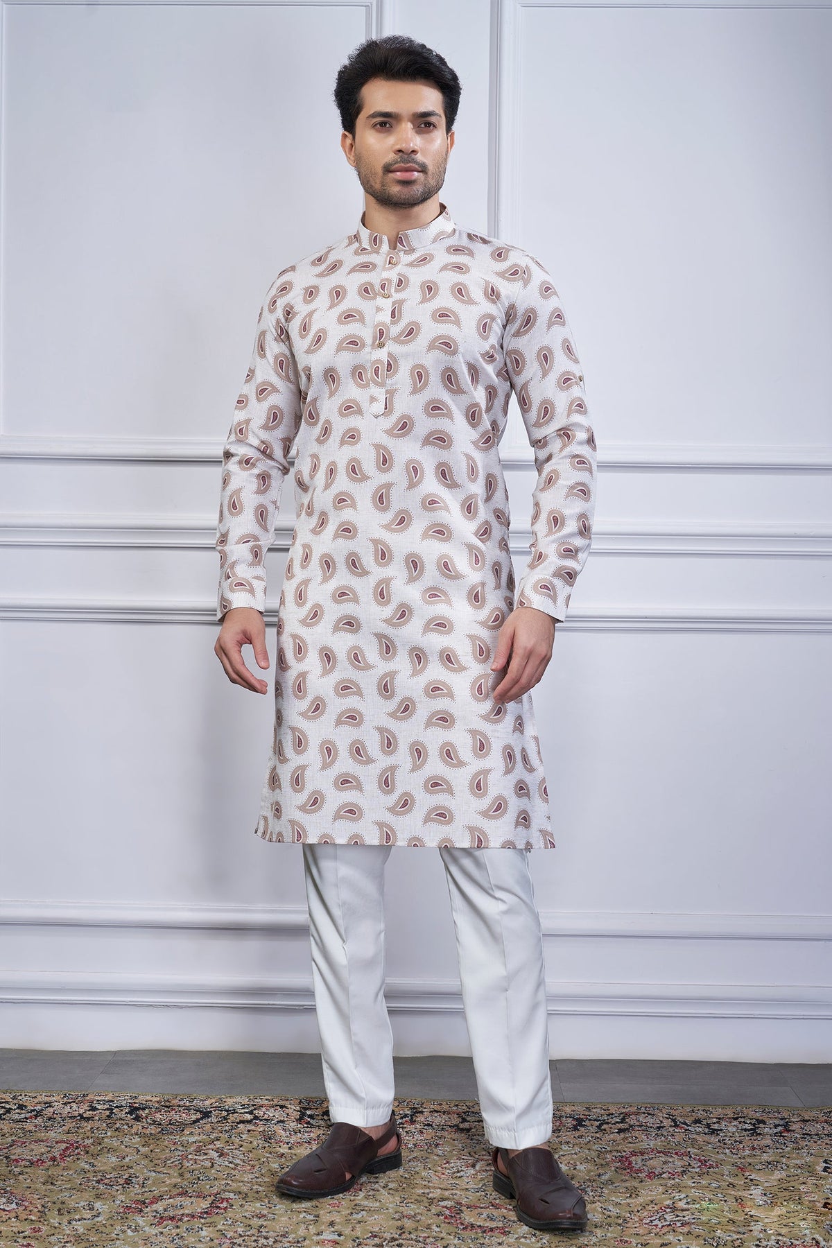 Off White Digital Paisley Printed Kurta Pajama