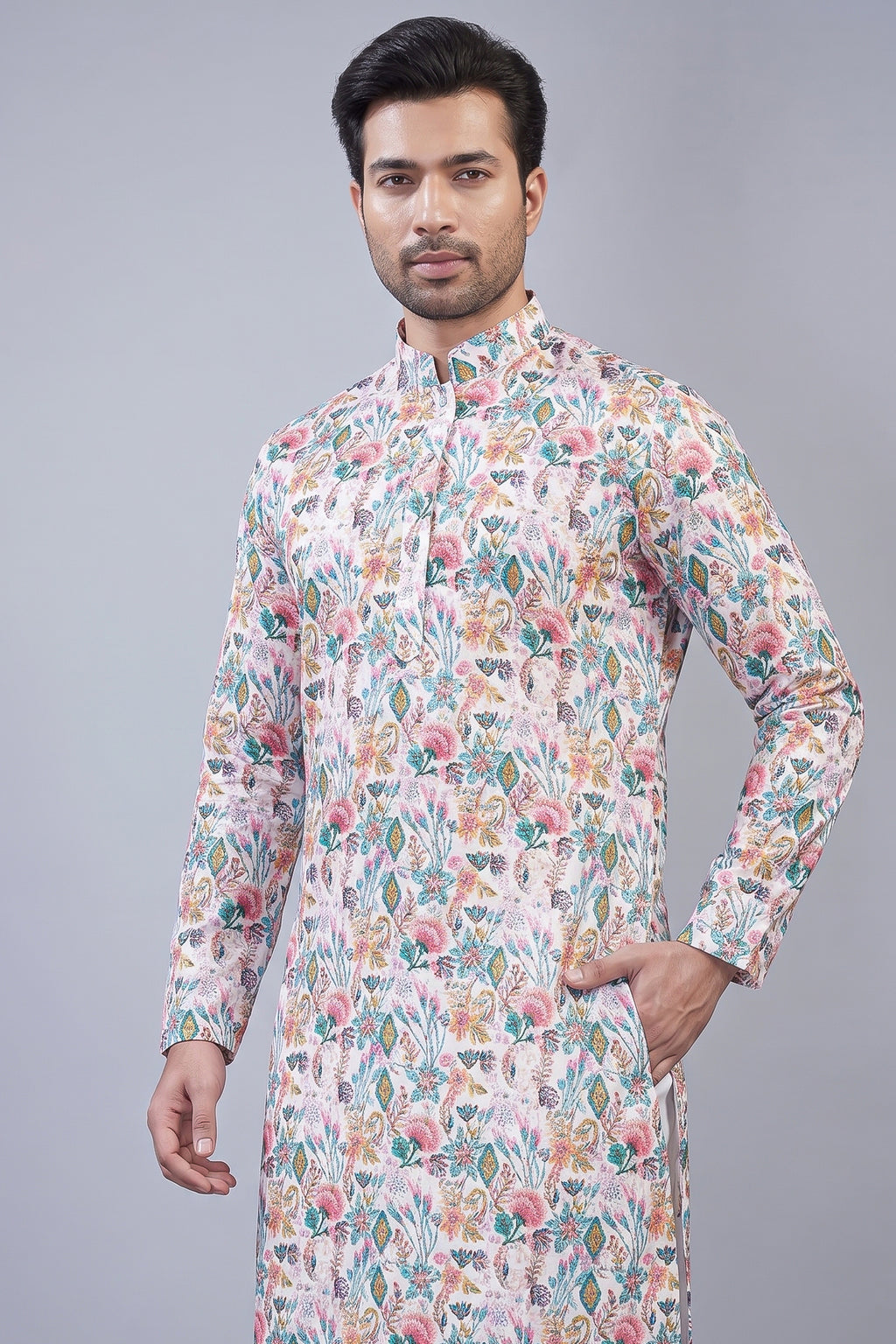 Off White and Multi Colored Printed Kurta Pajama - red saree