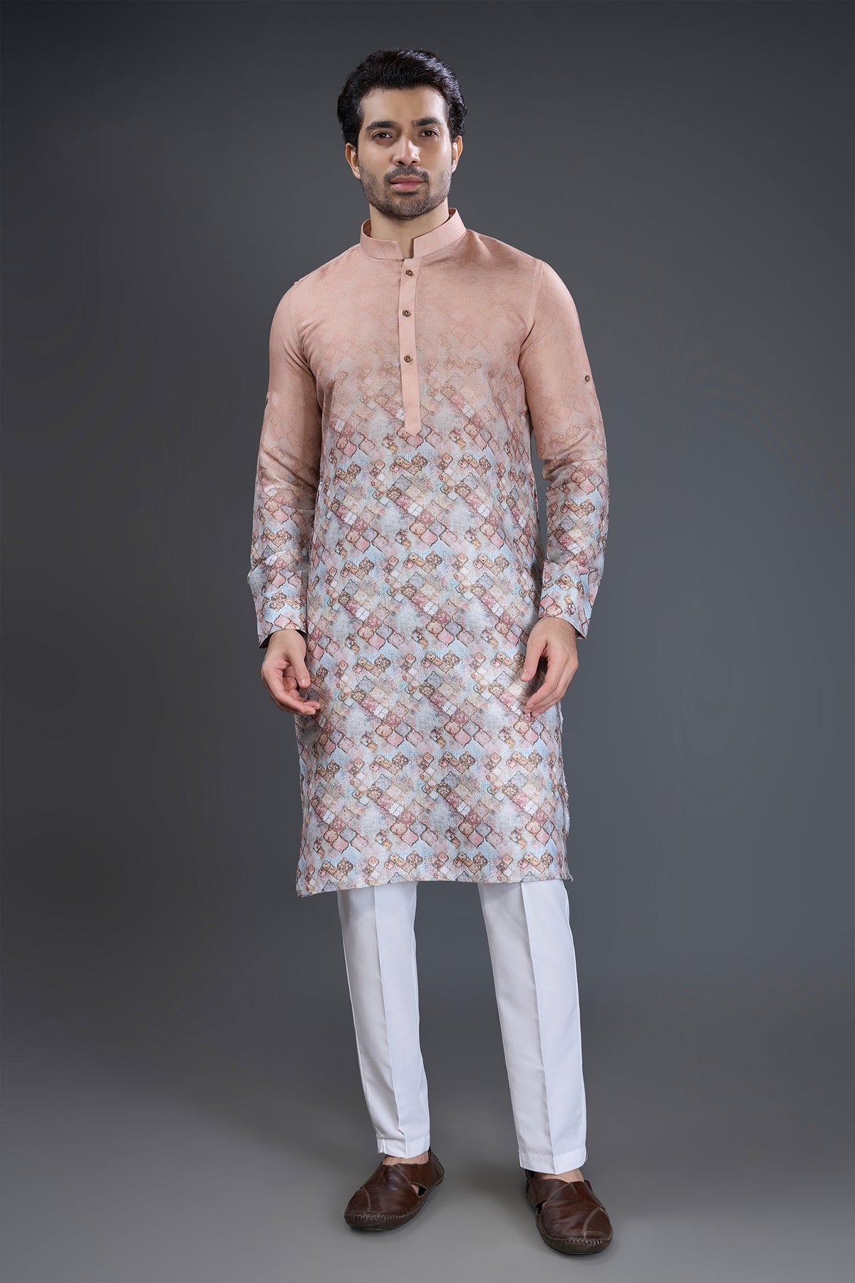 Beige Cotton Printed Kurta Pajama
