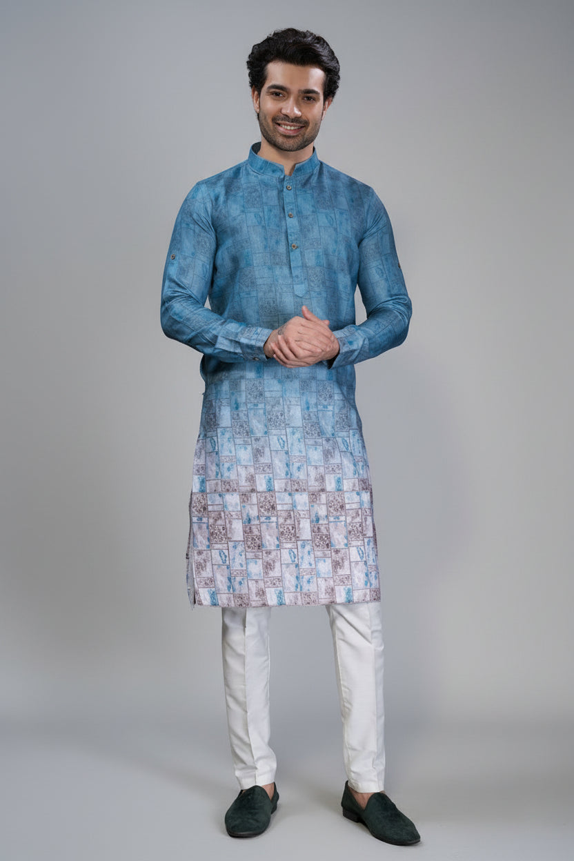 Blue Cotton Printed Kurta Pajama - blue cotton saree Main image