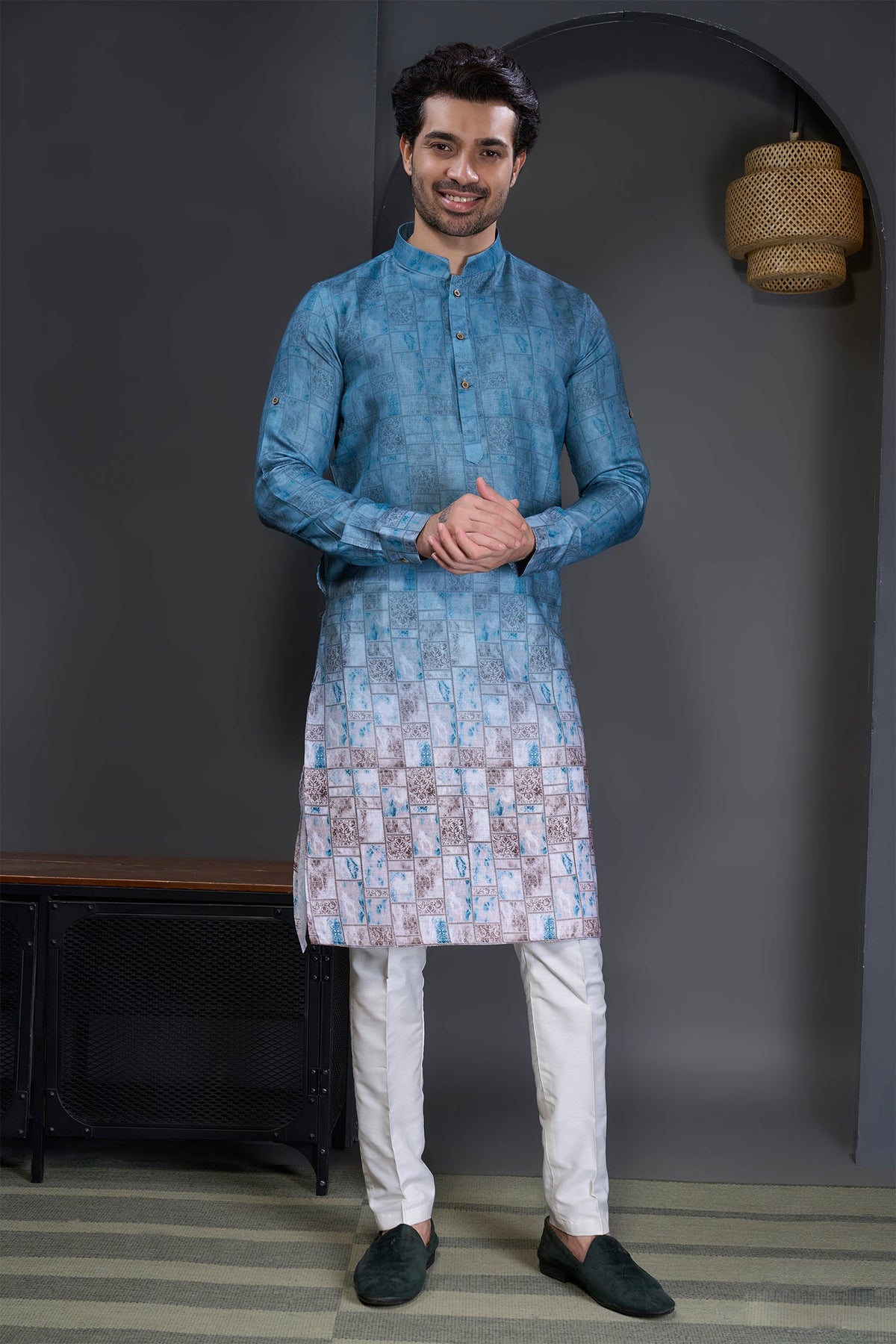 Blue Cotton Printed Kurta Pajama