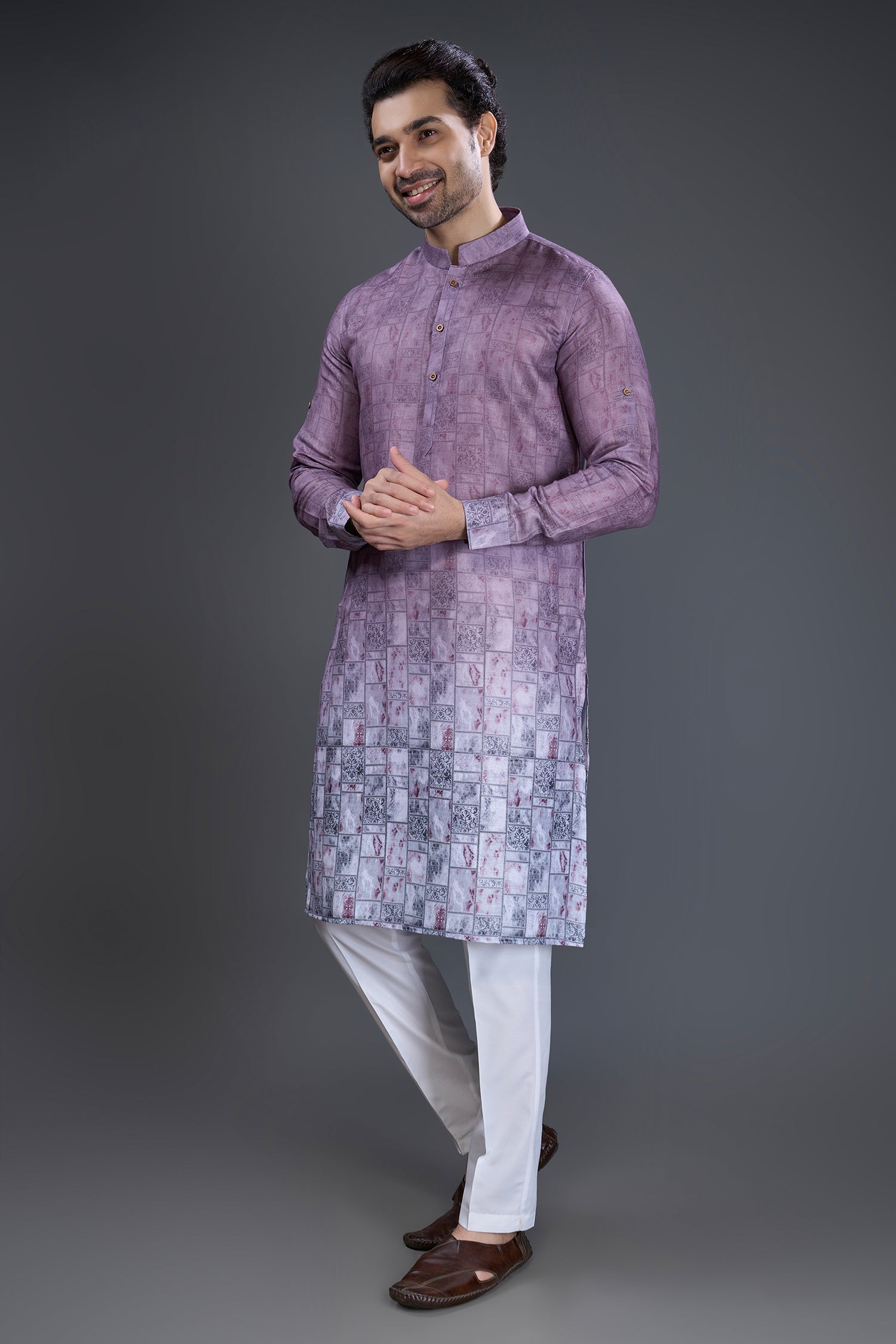 Lavender Purple Cotton Printed Kurta Pajama - purple cotton saree Main image