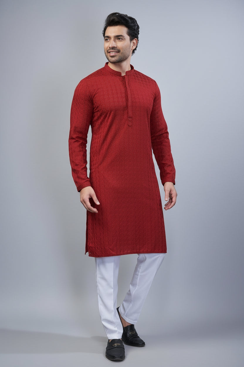 Red Art Silk Embroidered Kurta Pajama - red silk saree embroidered Main image