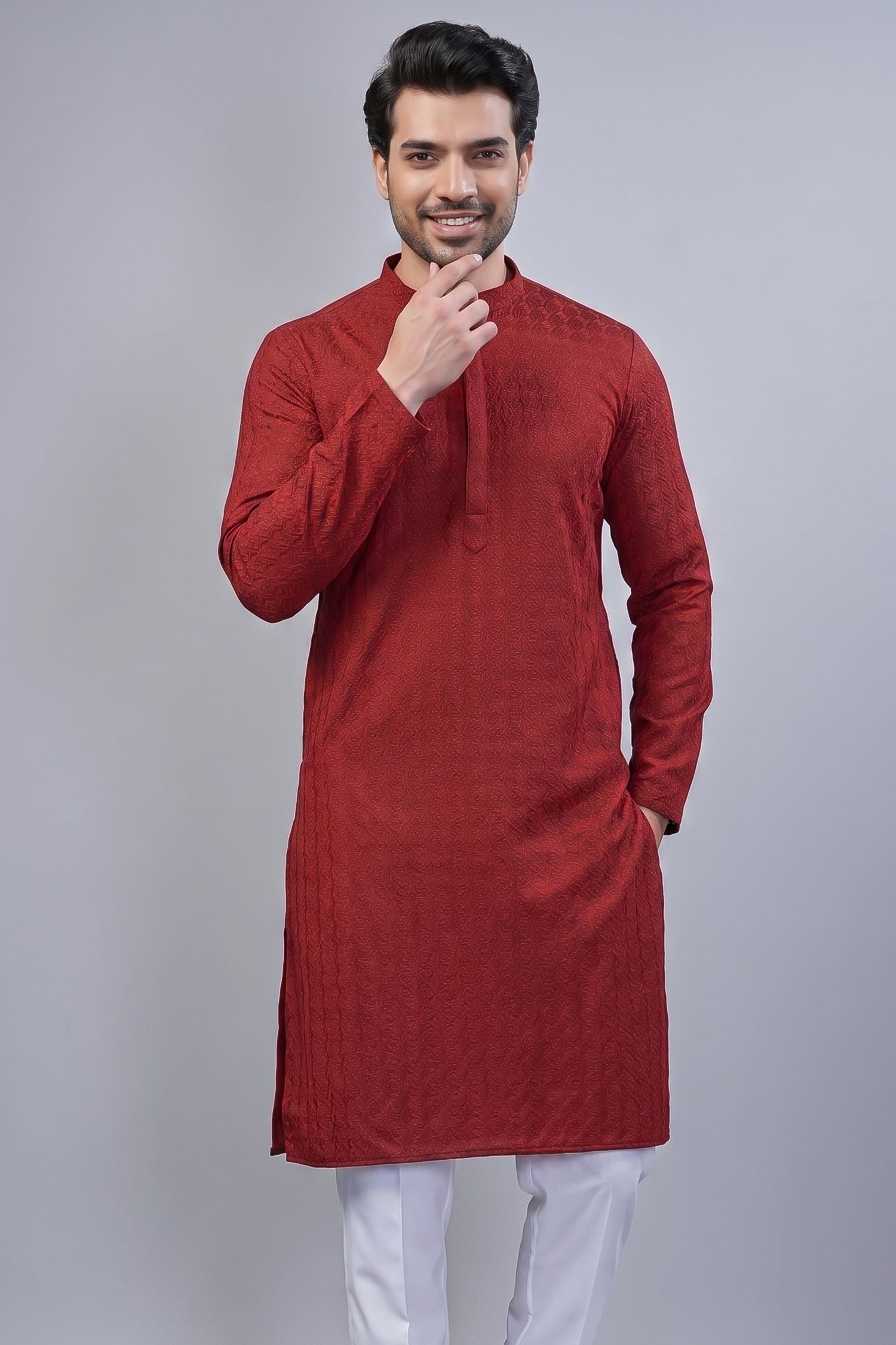 Red Art Silk Embroidered Kurta Pajama Secondary image