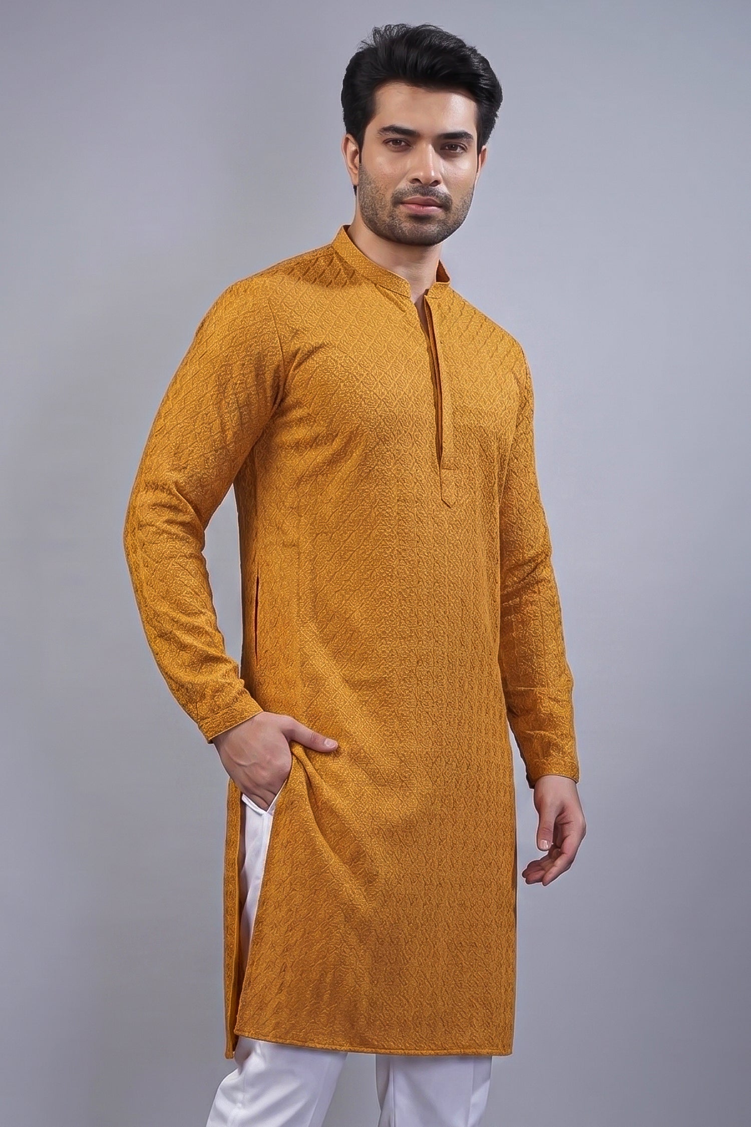 Mustard Art Silk Embroidered Kurta Pajama Secondary image