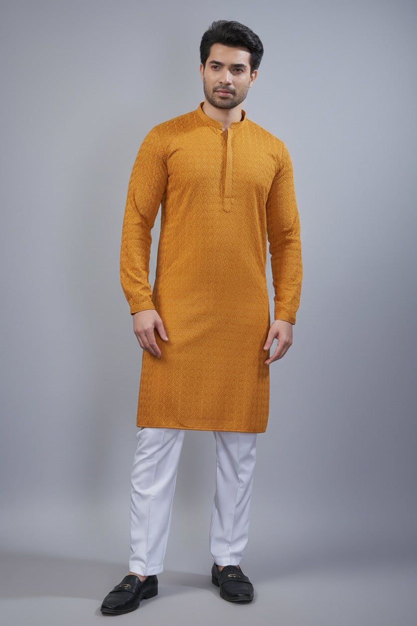 Mustard Art Silk Embroidered Kurta Pajama - red silk saree embroidered