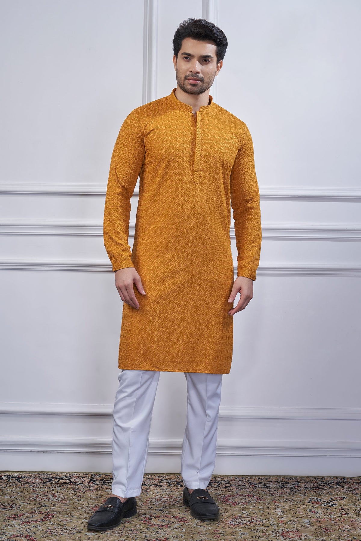 Mustard Art Silk Embroidered Kurta Pajama