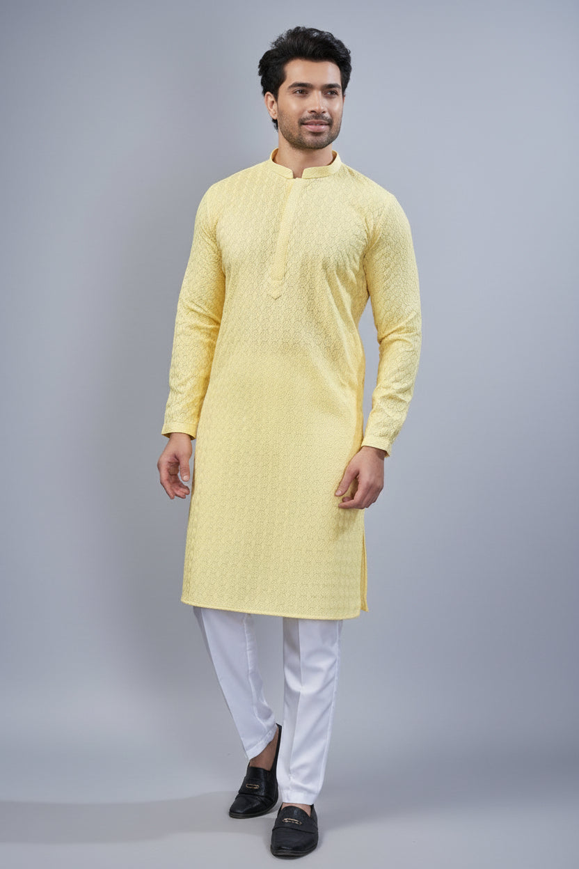 Light Yellow Art Silk Embroidered Kurta Pajama - red silk saree embroidered