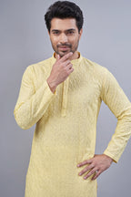 Light Yellow Art Silk Embroidered Kurta Pajama - red silk saree embroidered