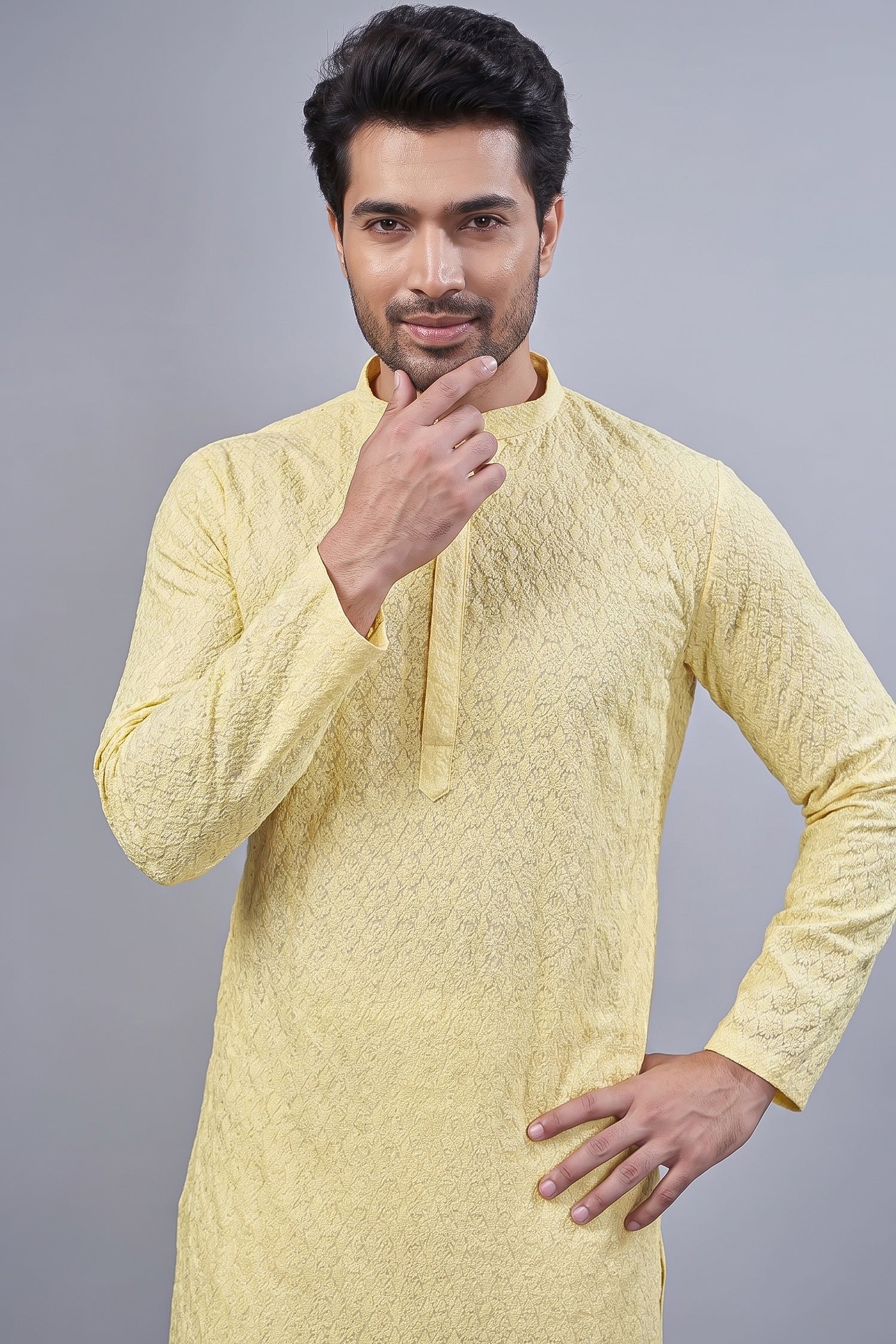 Light Yellow Art Silk Embroidered Kurta Pajama - red silk saree embroidered