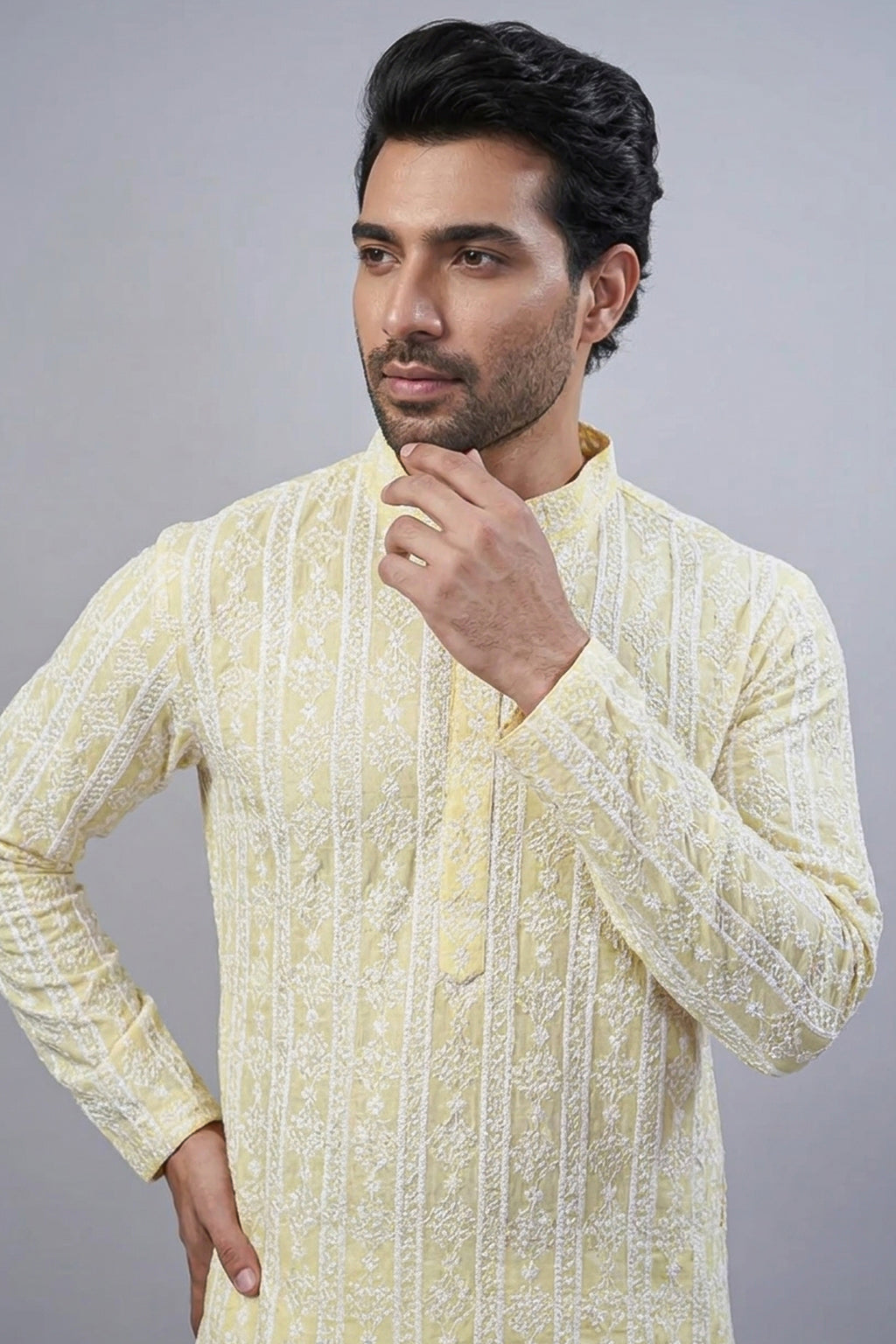 Light Yellow Lucknowi Embroidered Kurta Pajama - red saree embroidered