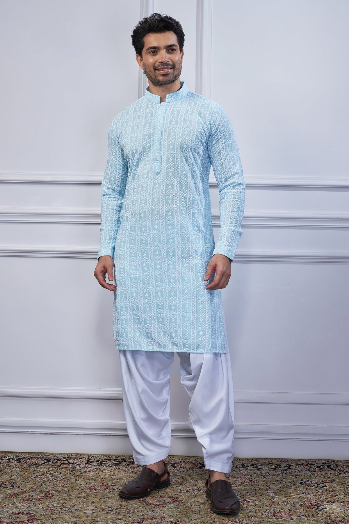 Light Blue Art Silk Lucknowi Embroidered Kurta Pajama