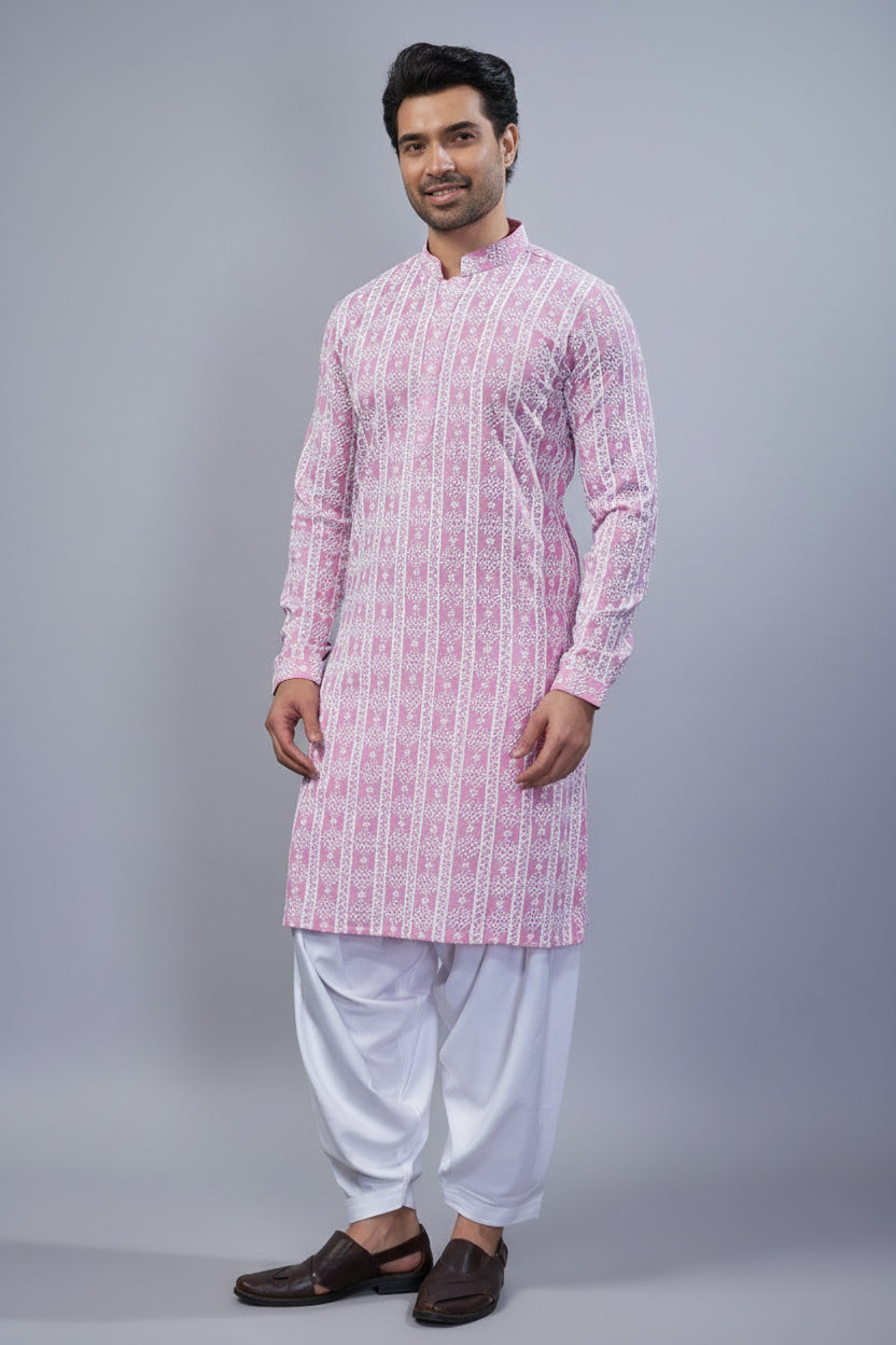 Light Pink Art Silk Lucknowi Embroidered Kurta Pajama - red silk saree embroidered