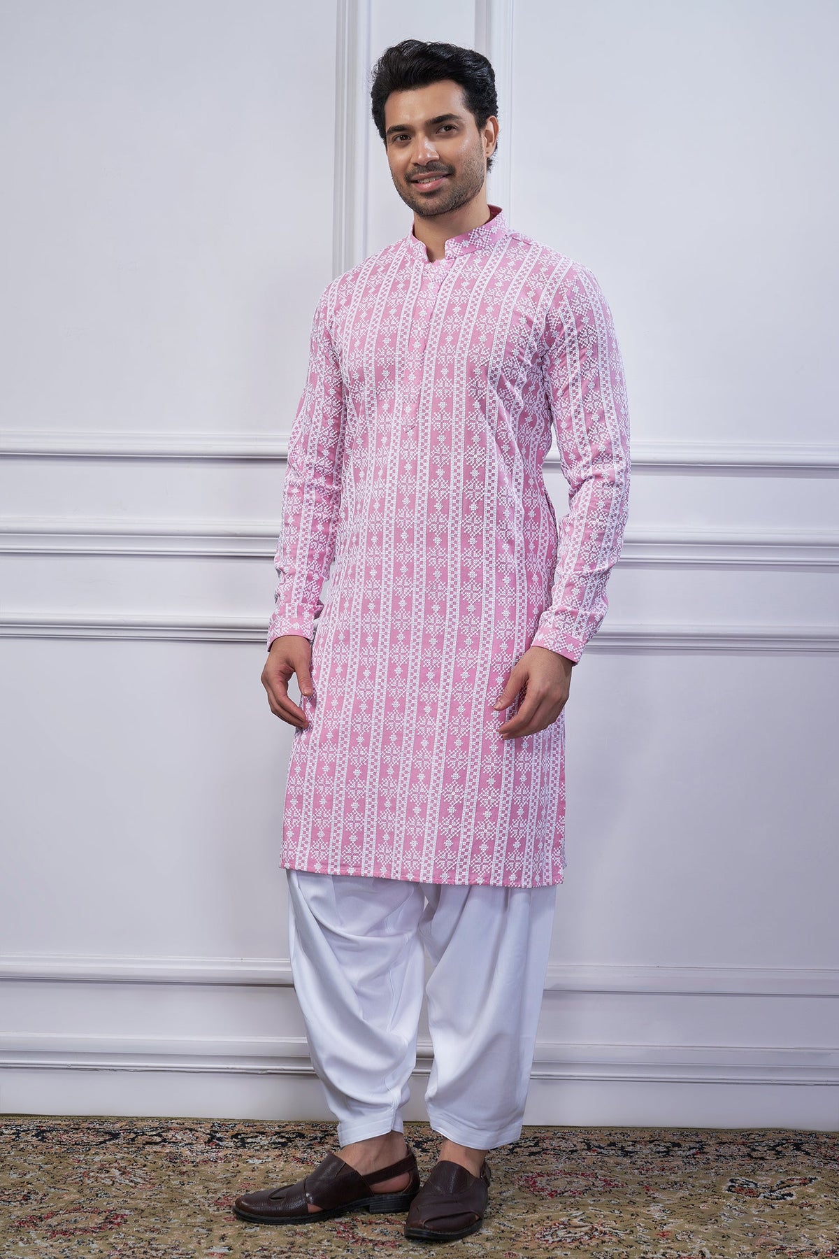 Light Pink Art Silk Lucknowi Embroidered Kurta Pajama