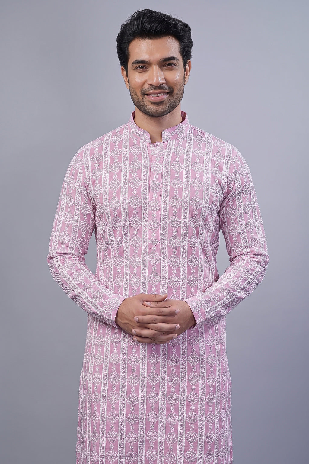 Light Pink Art Silk Lucknowi Embroidered Kurta Pajama - red silk saree embroidered
