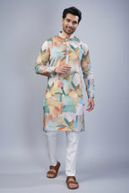 Green and Multi Colored Silk Kurta Pajama - red silk saree