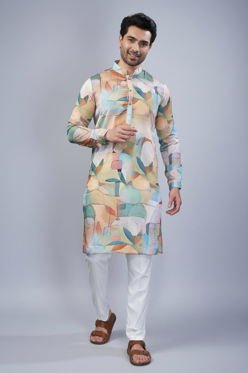 Green and Multi Colored Silk Kurta Pajama - red silk saree