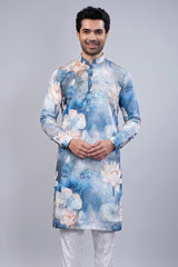 Blue Silk Floral Printed Kurta Pajama