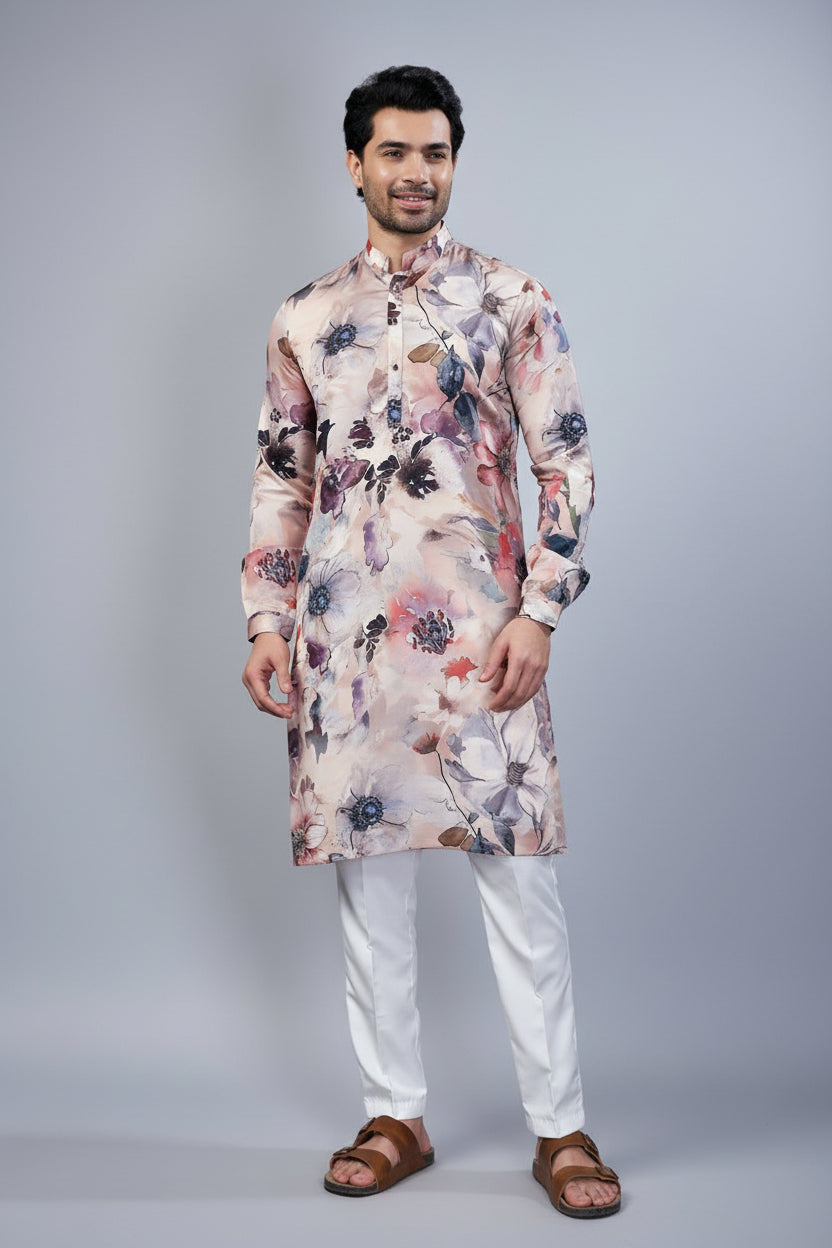 Multi Colored Silk Floral Printed Kurta Pajama - red silk saree Main image