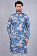 Blue Silk Floral Printed Kurta Pajama - blue silk saree