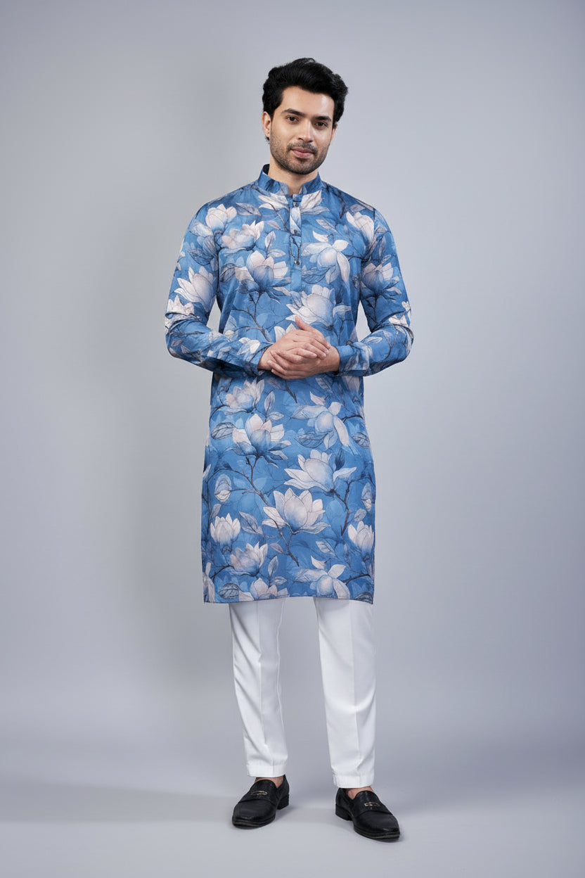 Blue Silk Floral Printed Kurta Pajama - blue silk saree Main image