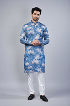 Blue Silk Floral Printed Kurta Pajama - blue silk saree