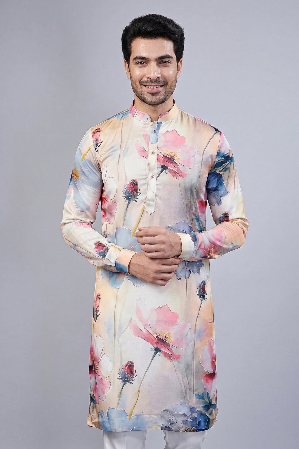 Multi Colored Silk Printed Kurta Pajama - red silk saree