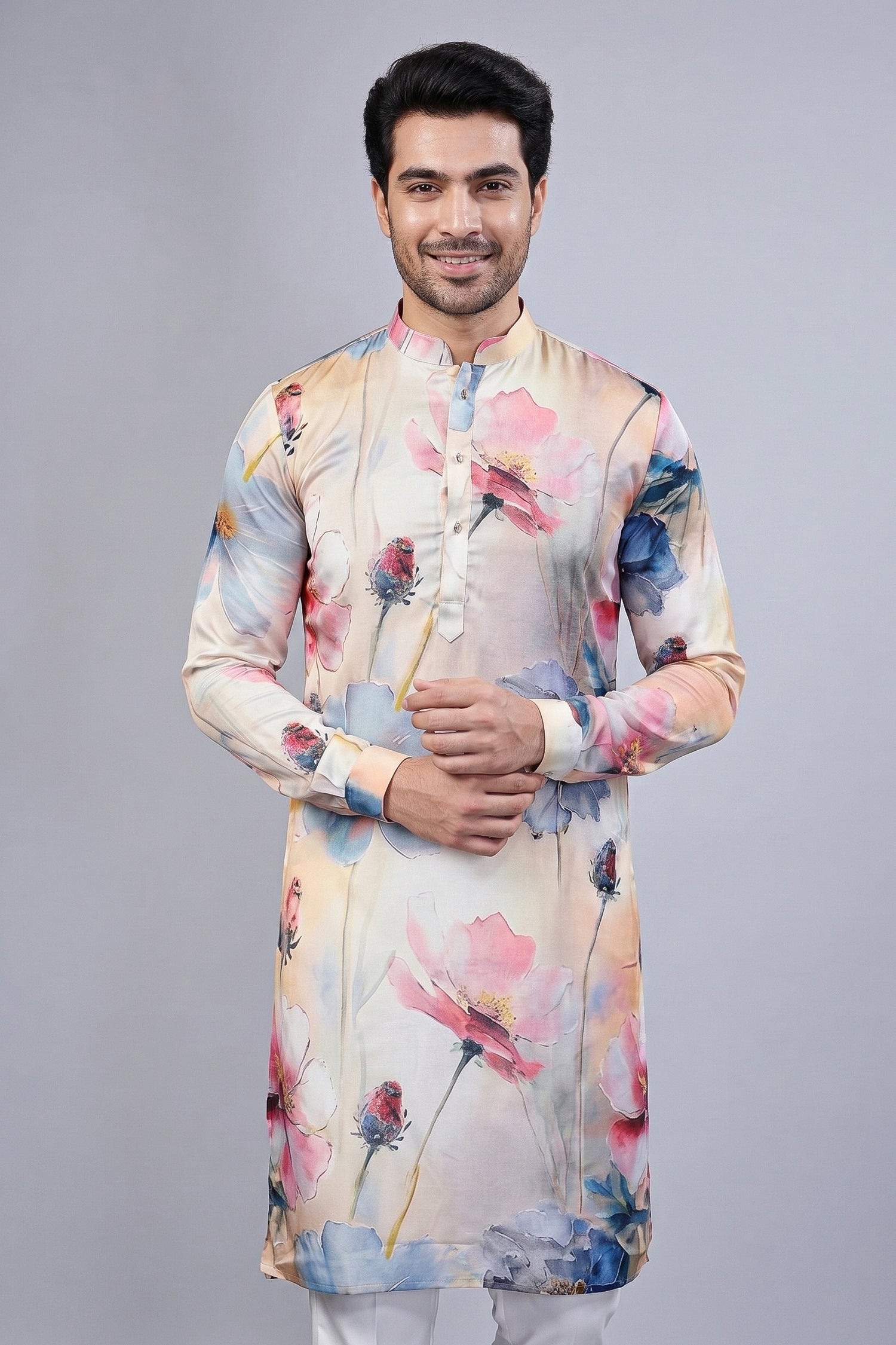 Multi Colored Silk Printed Kurta Pajama - red silk saree