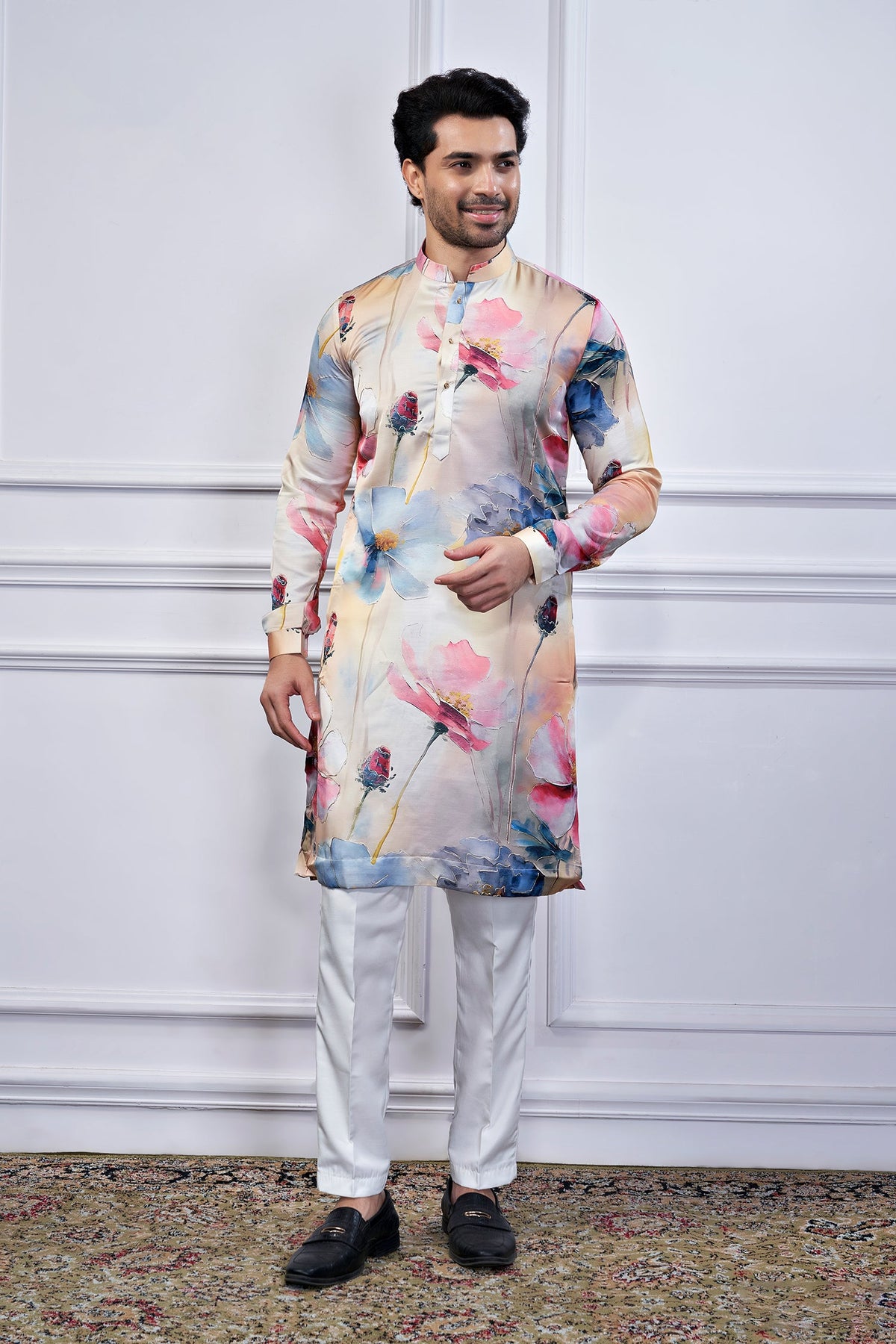 Multi Colored Silk Printed Kurta Pajama
