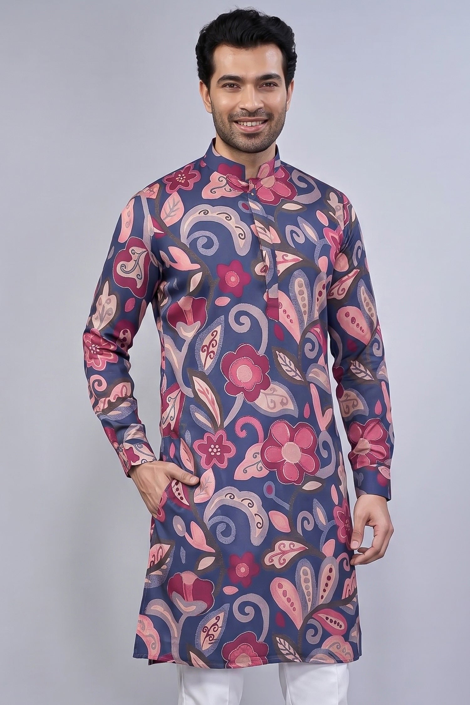 Blue Silk Floral Printed Kurta Pajama - blue silk saree