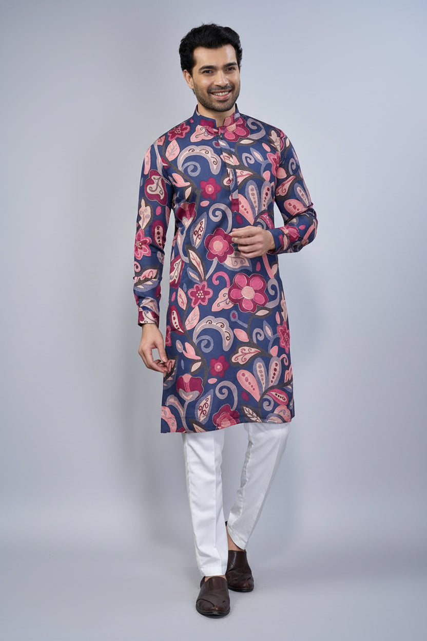 Blue Silk Floral Printed Kurta Pajama - blue silk saree