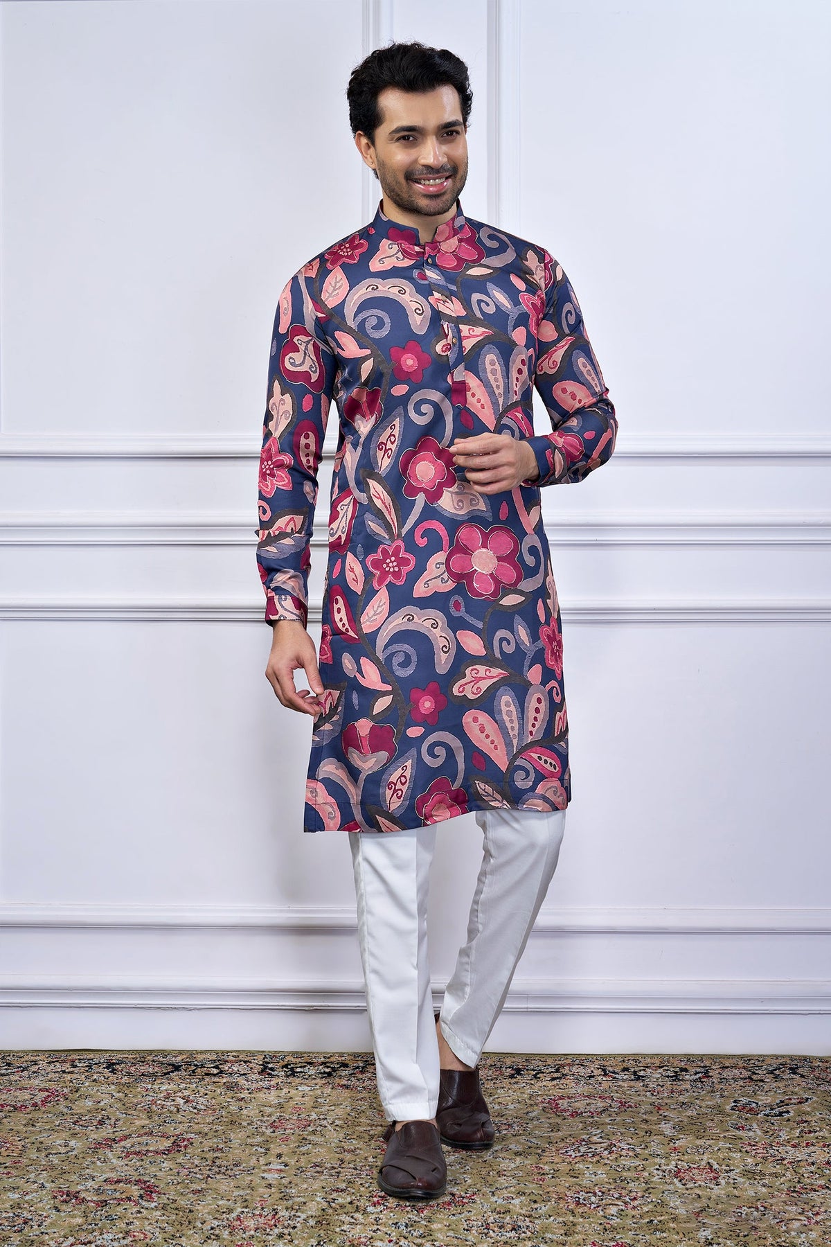 Blue Silk Floral Printed Kurta Pajama