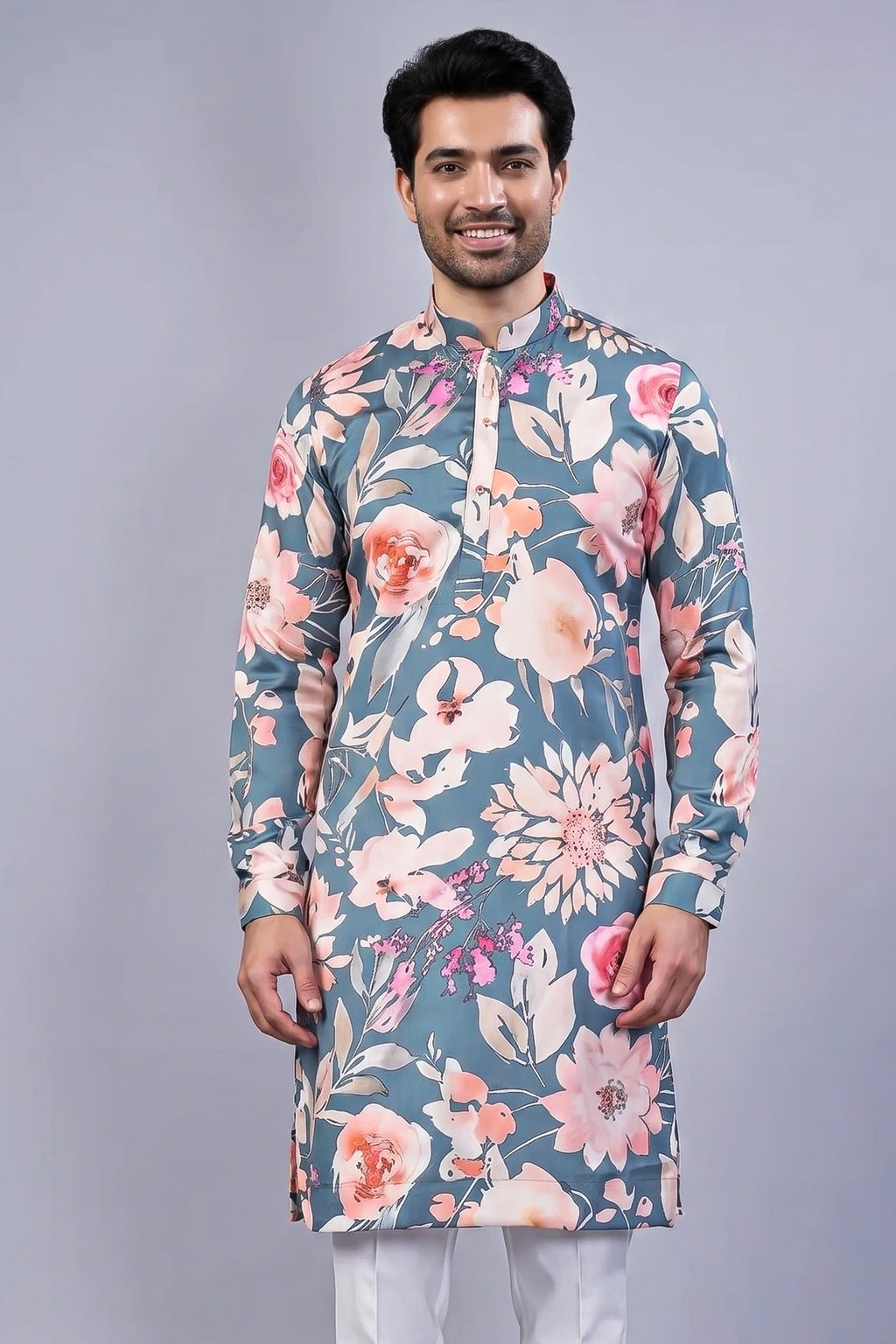 Grey Silk Floral Printed Kurta Pajama - grey silk saree