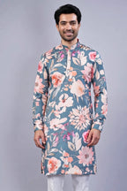 Grey Silk Floral Printed Kurta Pajama - grey silk saree