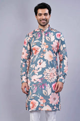 Grey Silk Floral Printed Kurta Pajama