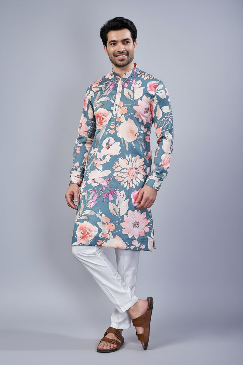 Grey Silk Floral Printed Kurta Pajama - grey silk saree Main image