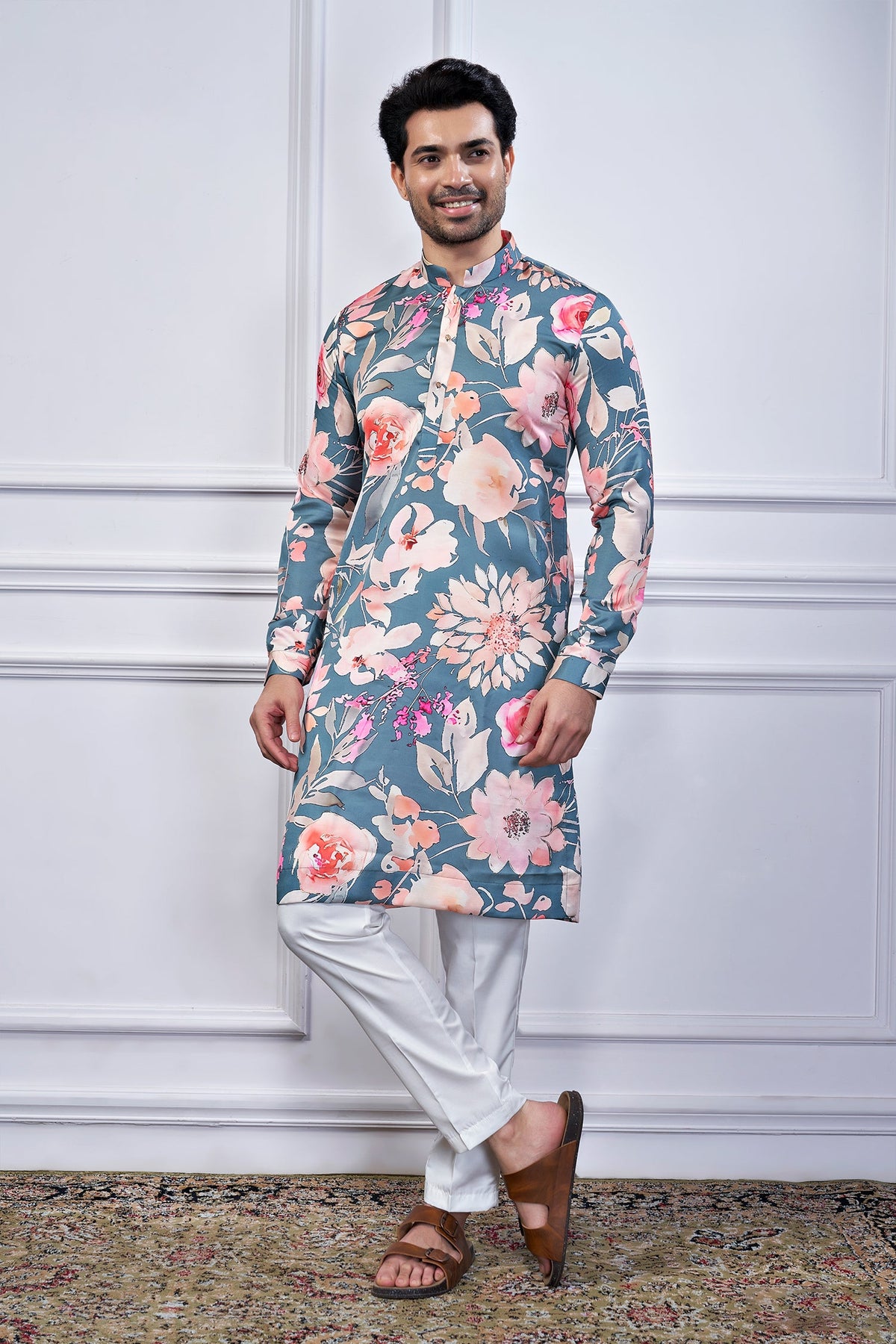 Grey Silk Floral Printed Kurta Pajama
