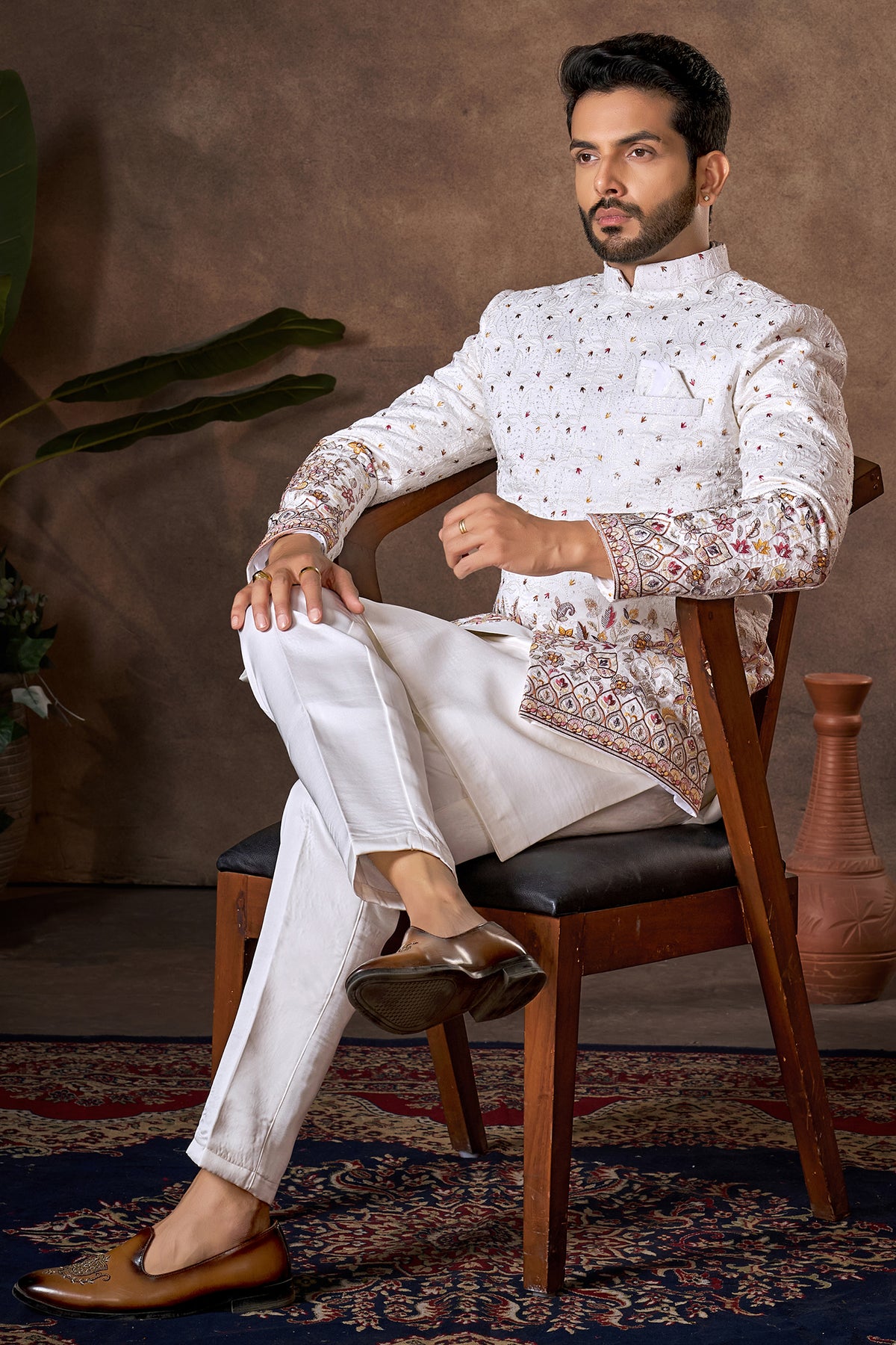 Pearl White Embroidered Kurta Pajama with Jacket